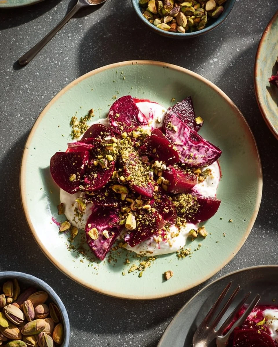 Roasted Beet & Pistachio Salad with Horseradish Crème Fraîche