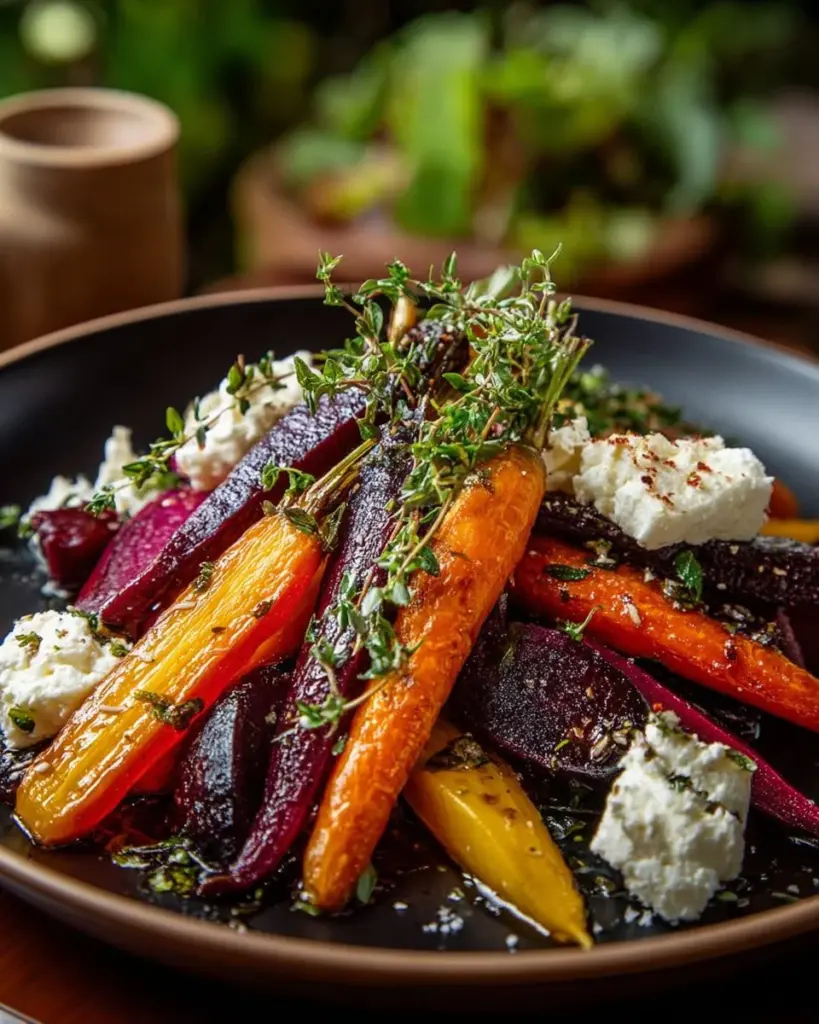 Roasted beets and carrots salad topped with creamy burrata cheese.