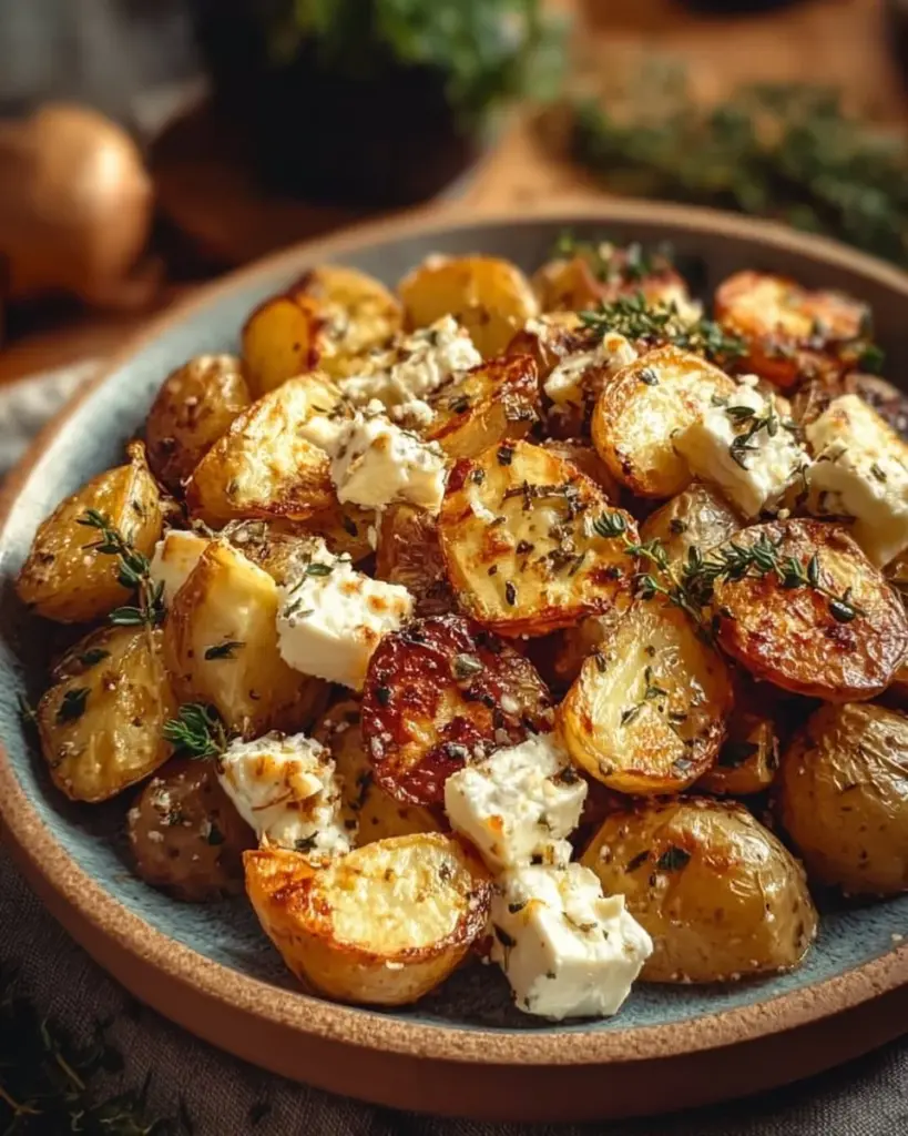 Roasted potatoes with baked feta and garlic served in a dish