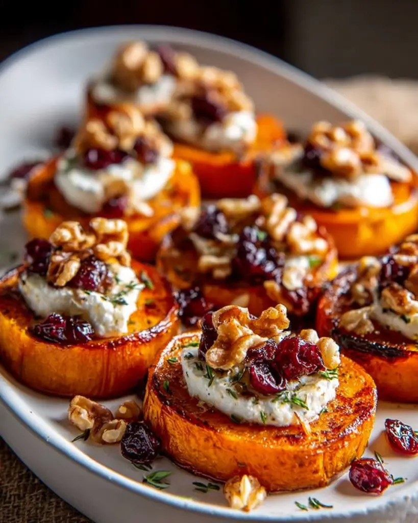 Roasted sweet potatoes topped with herbed ricotta, walnuts, and cranberries