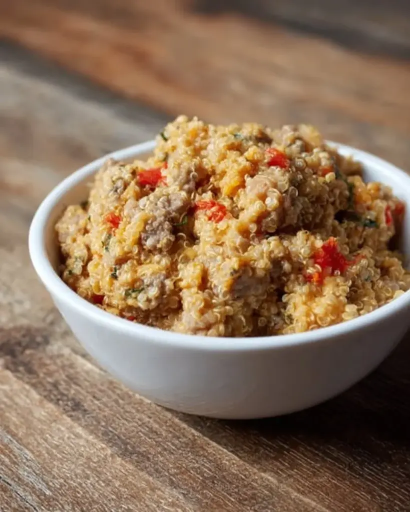 Sausage and cheese quinoa breakfast bowl topped with fresh herbs