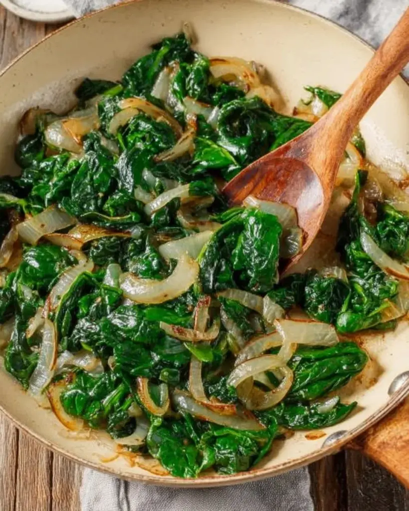 Delicious sautéed spinach and onions dish served in a bowl