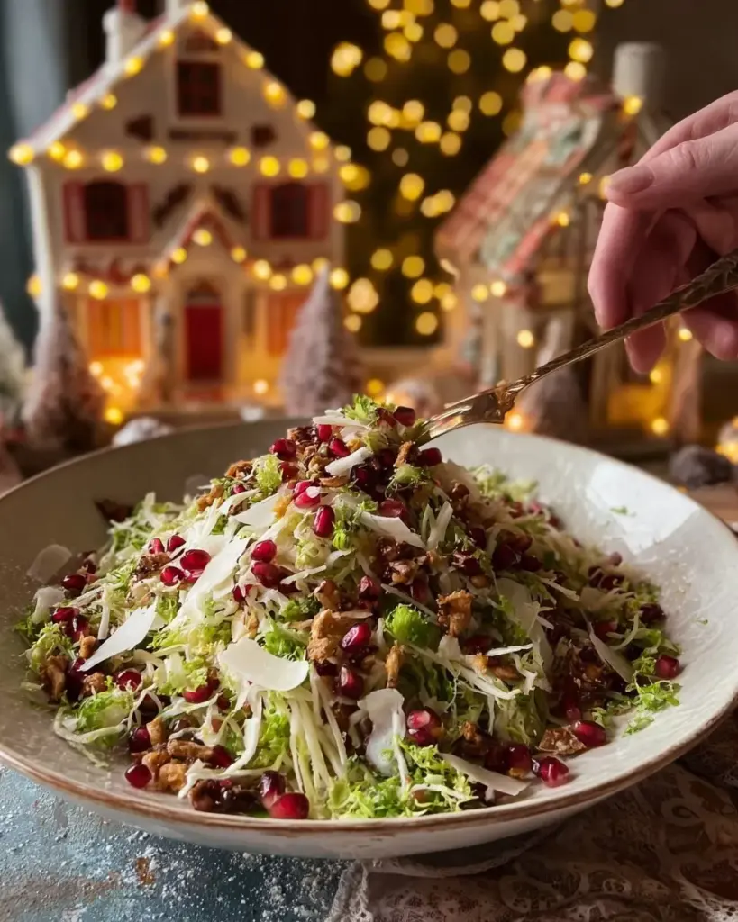 Shaved Brussels sprout salad topped with pomegranate and candied pecans