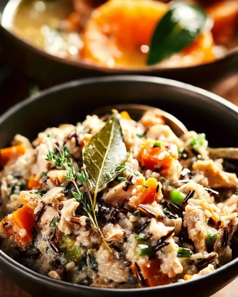 Creamy chicken and wild rice casserole in a baking dish topped with herbs