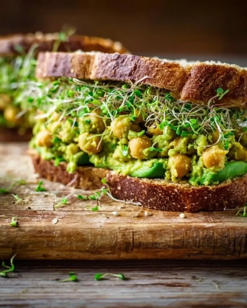 Smashed chickpea avocado salad served in a bowl with fresh ingredients.