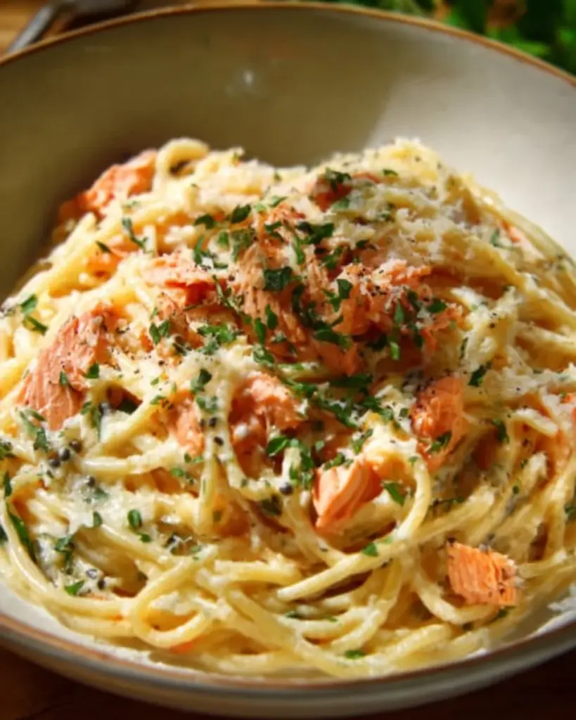Delicious plate of smoked salmon carbonara with noodles and creamy sauce