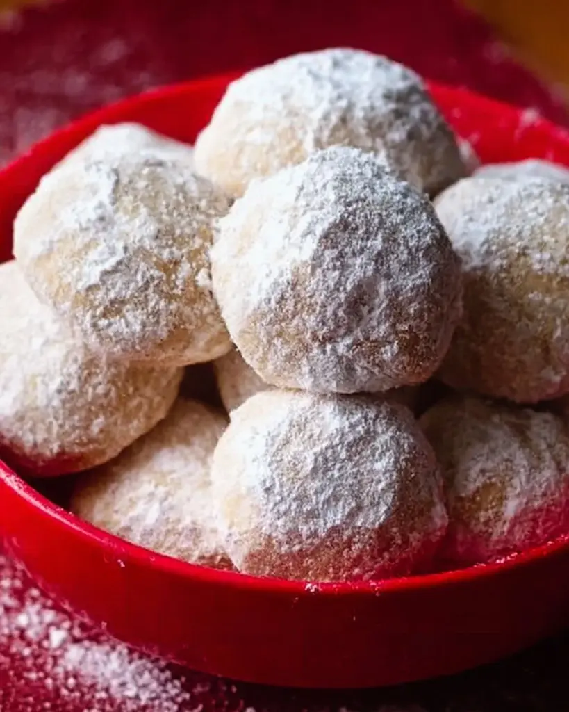 Delicious homemade Snowball Cookies dusted with powdered sugar on a plate.