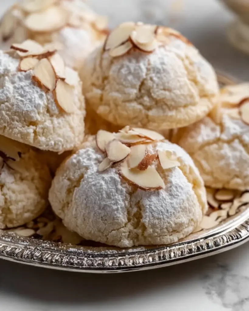 Soft and chewy amaretti almond cookies in a decorative bowl