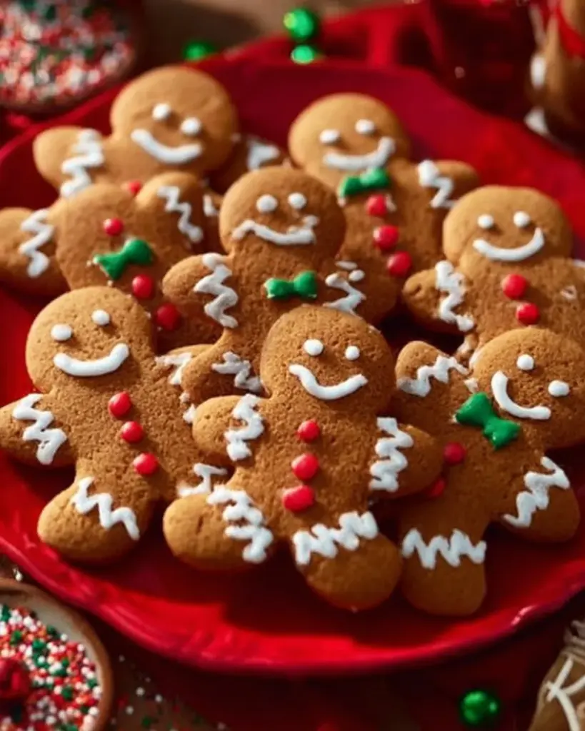 Freshly baked soft and chewy gingerbread men cookies decorated with icing