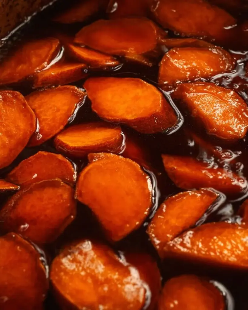 Delicious Southern candied yams served in a dish, showcasing their rich syrupy glaze.