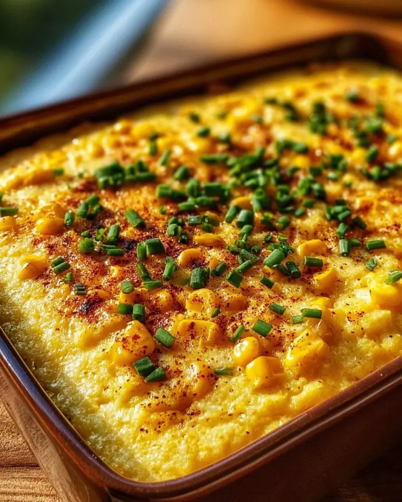 Delicious Southern corn pudding served in a rustic dish