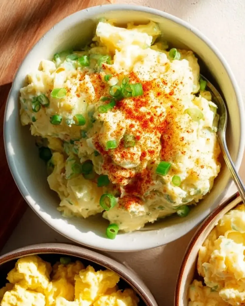 Bowl of creamy Southern potato salad with herbs and spices