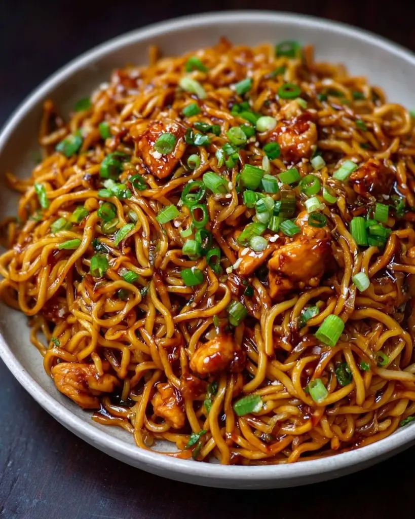 Bowl of Sticky Garlic Chicken Noodles garnished with green onion