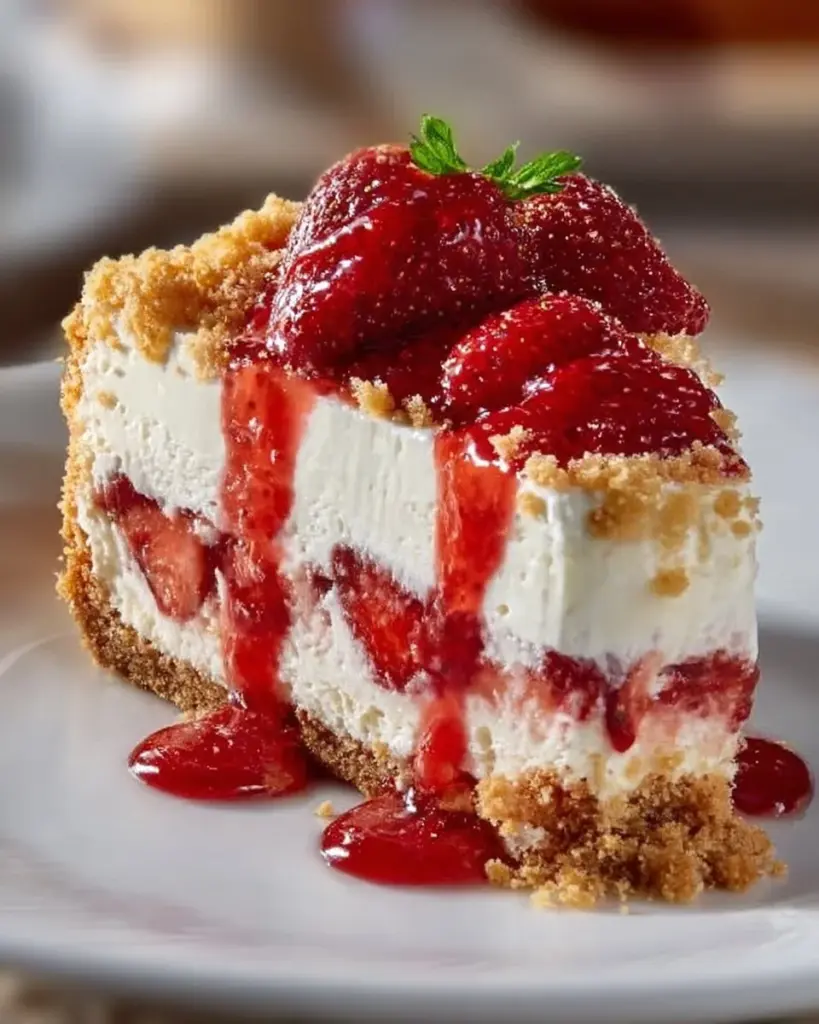 Delicious Strawberry Crunch Cheesecake with strawberry topping and graham cracker crust
