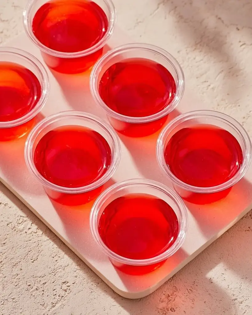 Colorful strawberry jello shots in clear cups, ideal for parties and celebrations.