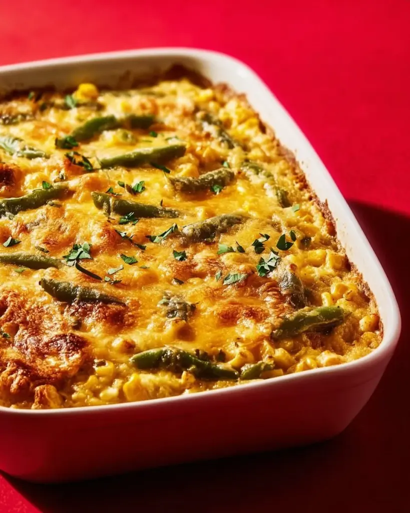 Delicious stuffed chile casserole topped with cheese and herbs