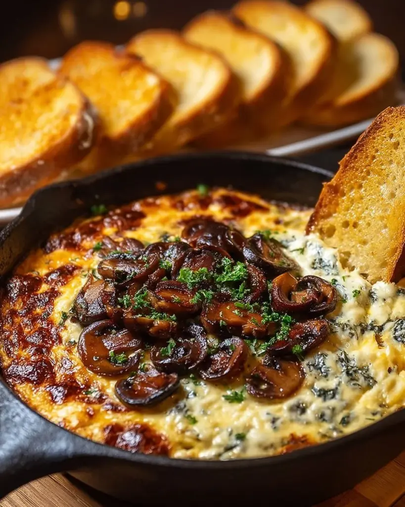 Delicious stuffed mushroom dip served in a bowl with fresh herbs
