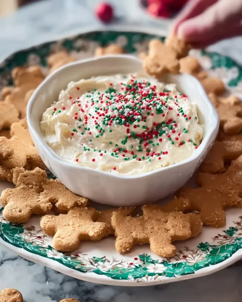 Delicious sugar cookie dip served with cookies and sprinkles.