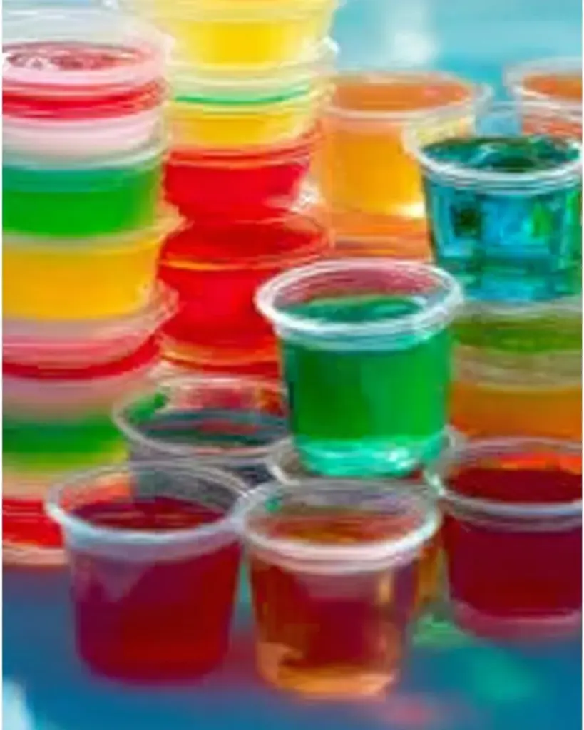 Sugar-free jello shots with vodka in colorful cups for a fun party treat