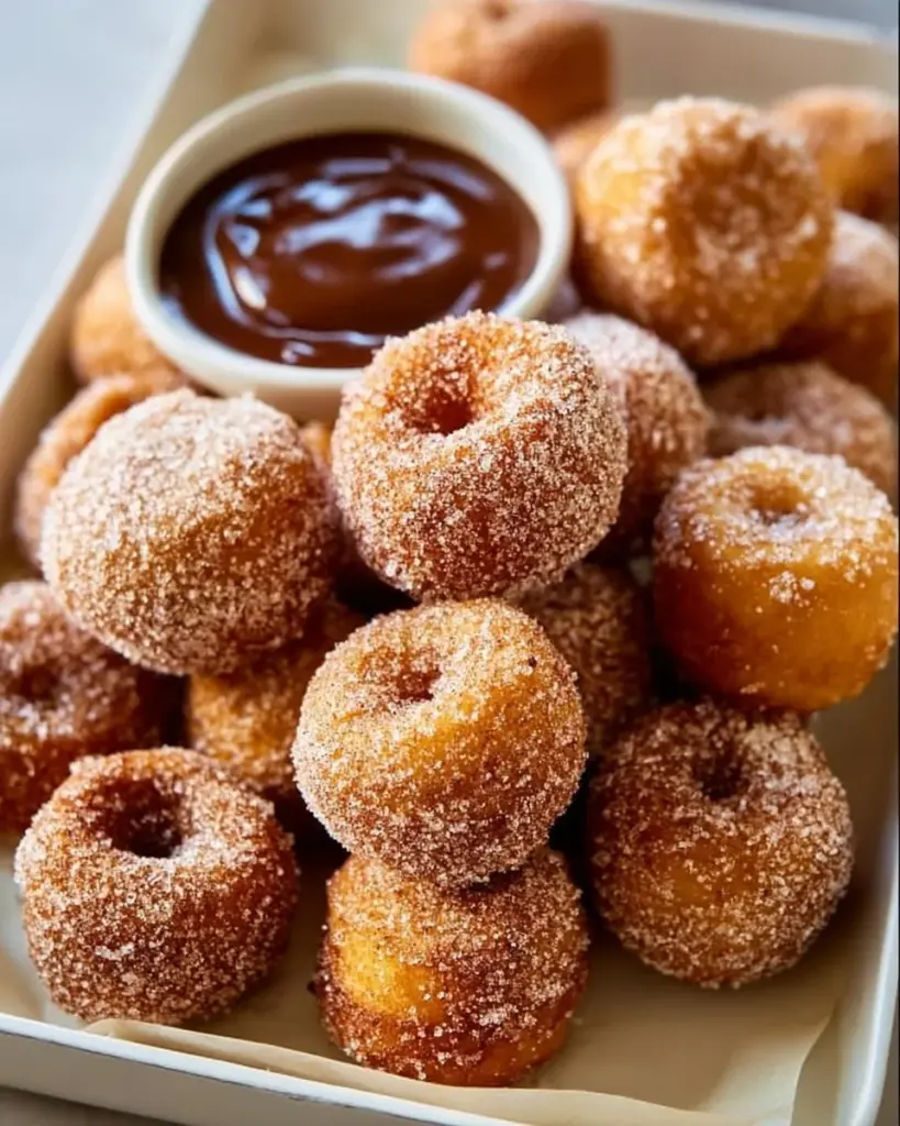Tasty churro donut bites dusted with cinnamon sugar on a plate