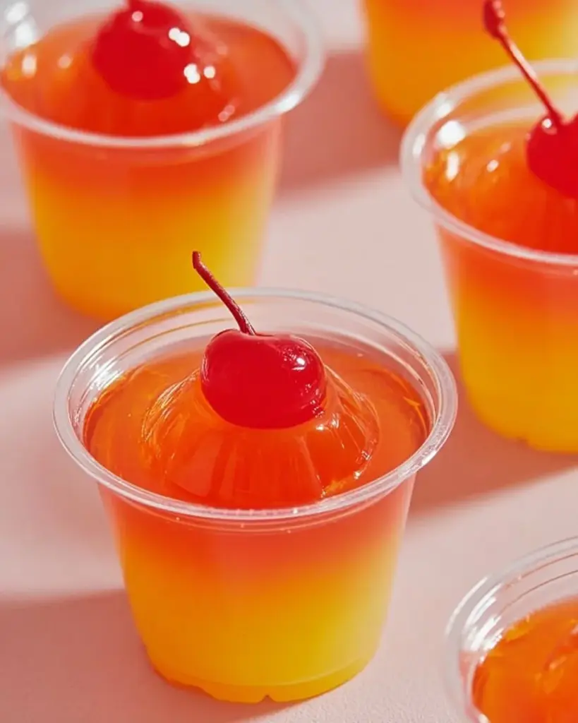 Colorful Tequila Sunrise Jello Shots served in shot glasses