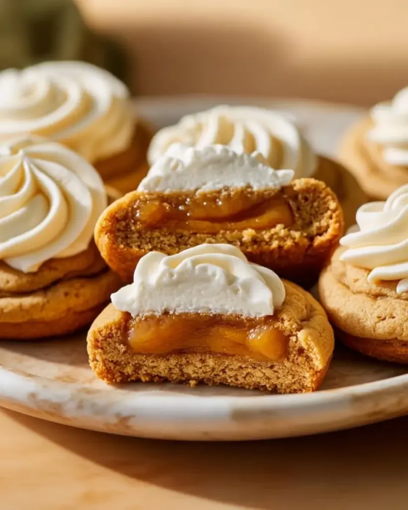 Delicious Thanksgiving pumpkin pie cookies with spices and whipped cream.