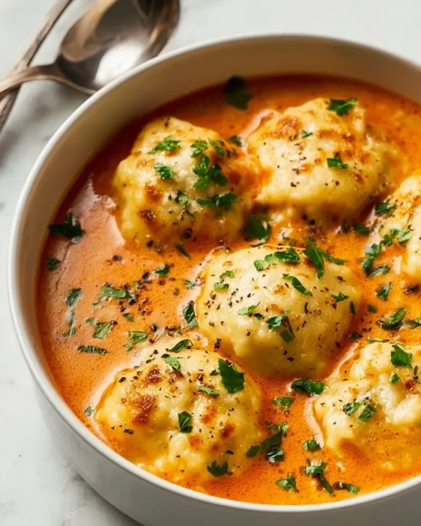 Bowl of tomato soup topped with cheddar bay dumplings.