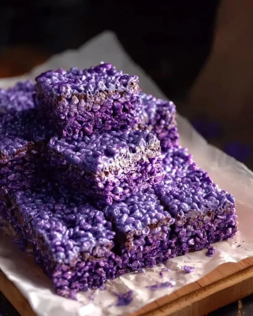 Delicious Ube Rice Krispies Treats with a vibrant purple color.