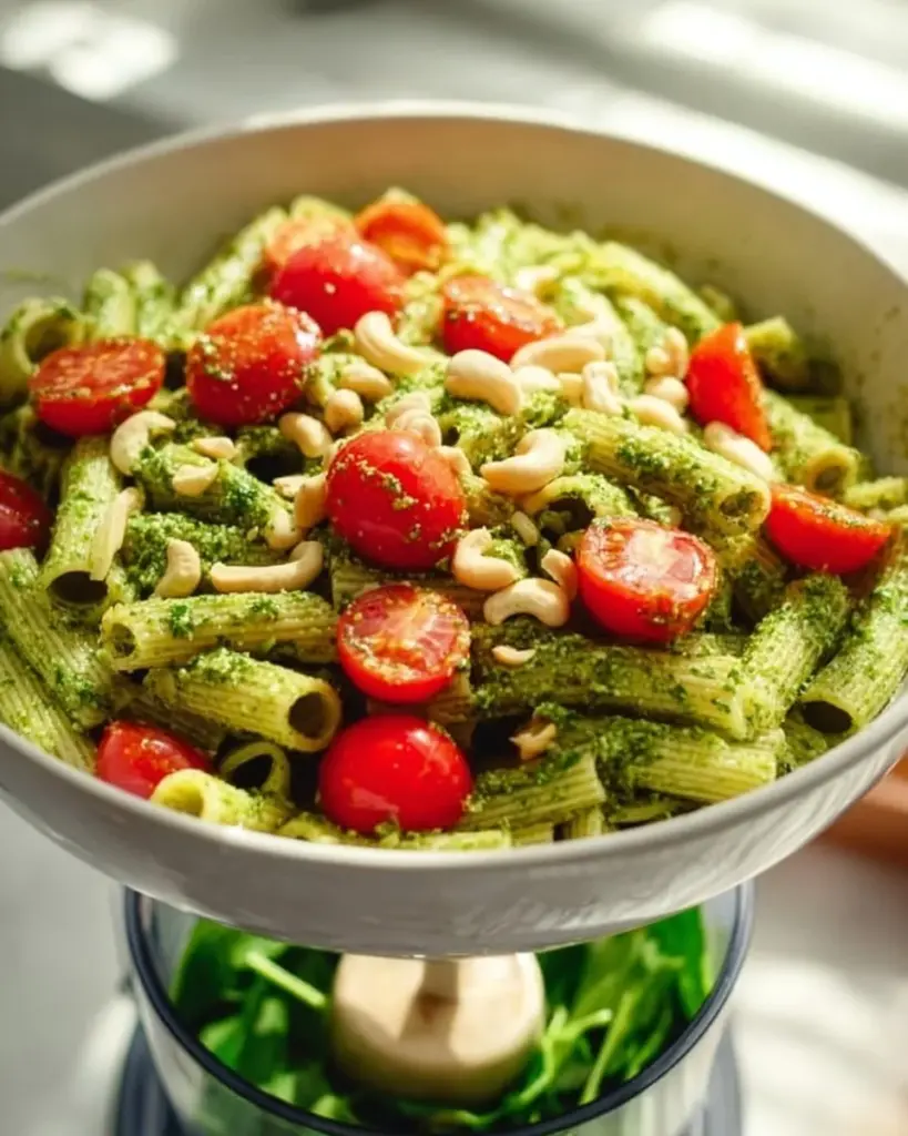 Delicious vegan avocado pesto pasta served in a bowl with fresh basil.
