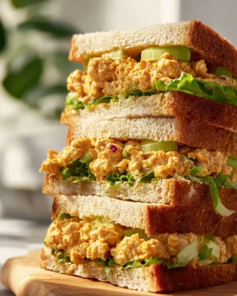 Vegan Buffalo Chickpea Salad Sandwich on a plate with fresh ingredients