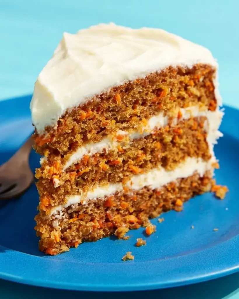 Delicious vegan carrot cake topped with cream cheese frosting and walnuts