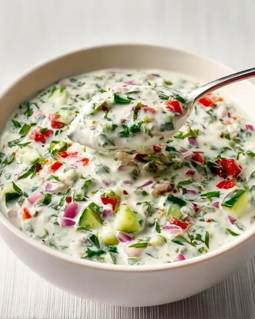 Bowl of Vegan Mixed Vegetable Raita with fresh vegetables and spices