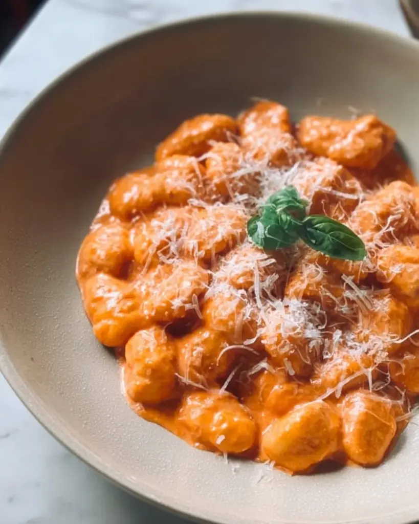Delicious vodka gnocchi served with a creamy tomato sauce and fresh herbs.