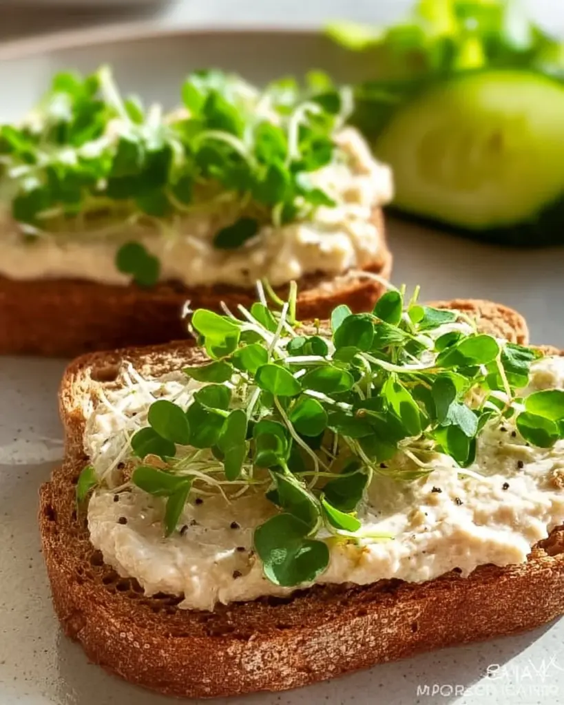 White bean spread generously smeared on toasted bread, garnished with herbs.