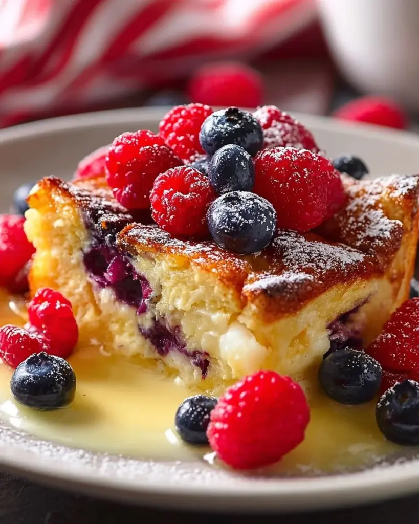 Wild Berry Bread Pudding served with a drizzle of Orange Sauce
