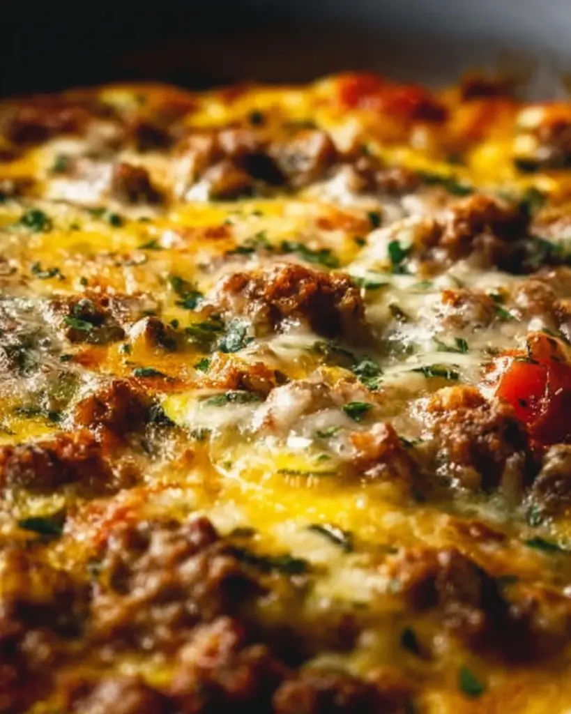 Delicious Zucchini Pizza Casserole baked with cheese and toppings