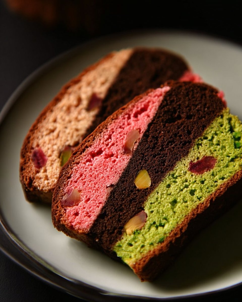A white plate with several pieces of spumoni biscotti - strips of green, pink, and chocolate. | Cookies recipes Christmas, Biscotti recipe, Biscotti cookies