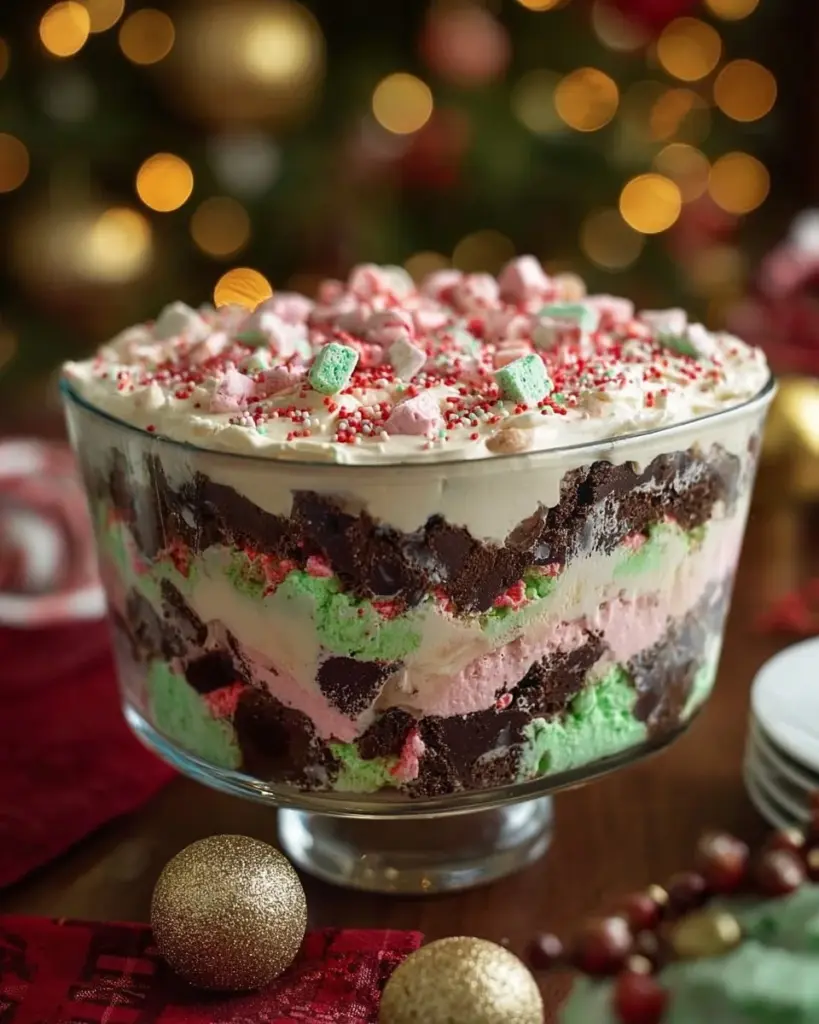 Deliciously layered Christmas cookie lasagna dessert with festive decorations