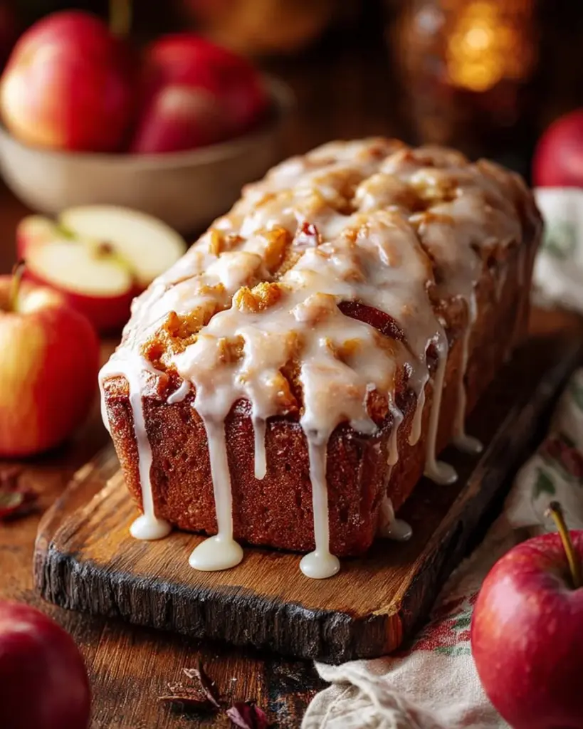 Freshly baked Amish Apple Fritter Bread with a golden crust and apple chunks.
