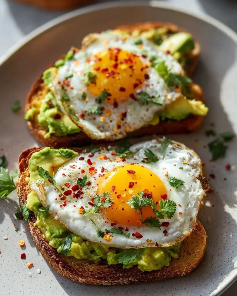Avocado toast topped with poached eggs served on a wooden board