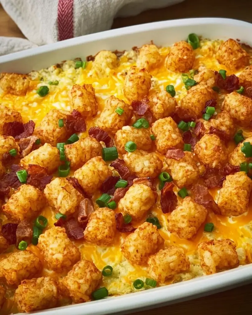 Delicious Bacon Egg and Tater Tot Casserole ready to serve for brunch