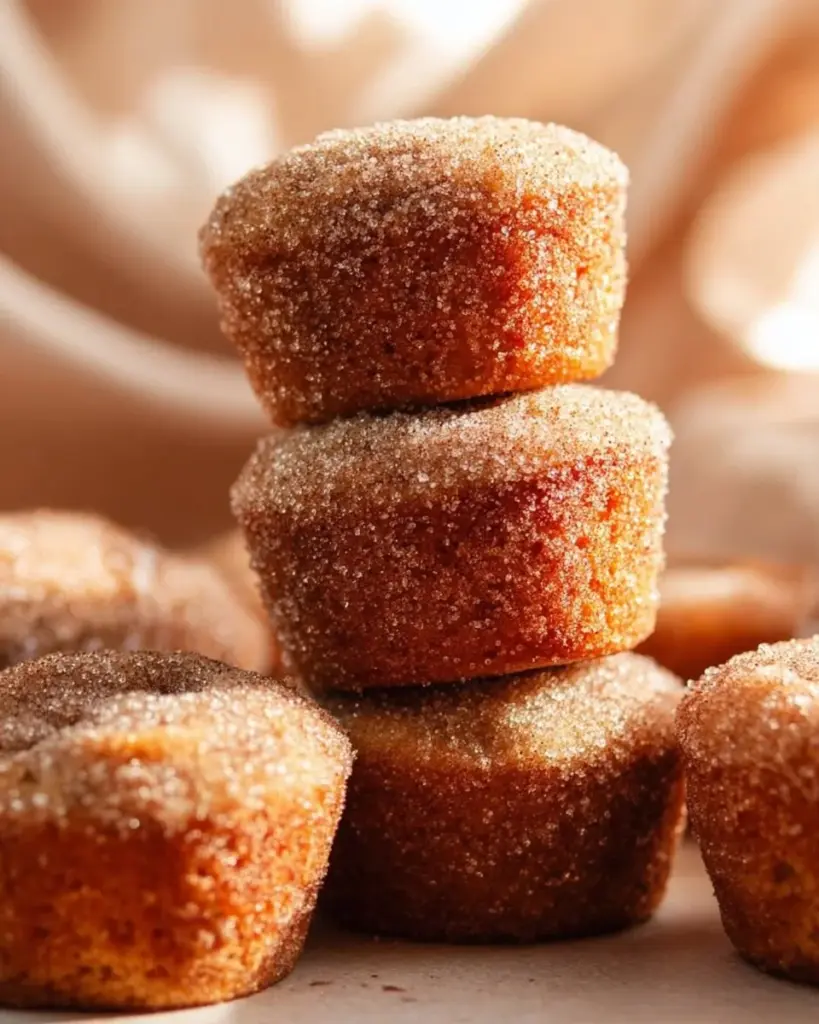 Baked apple cider donut muffins with cinnamon and sugar topping on a plate.