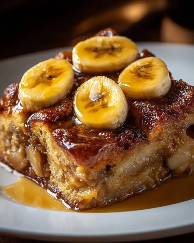 Delicious Bananas Foster Bread Pudding with caramelized bananas and rum sauce.