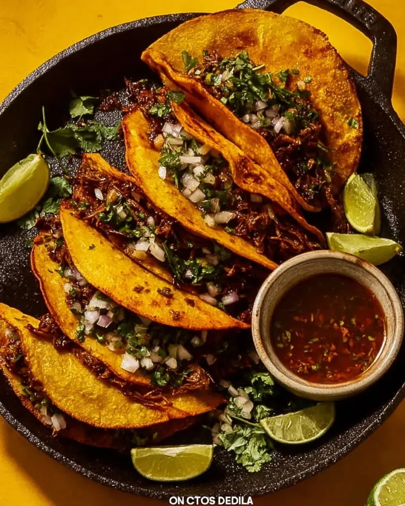 Delicious Birria Tacos served with savory consomé for dipping.