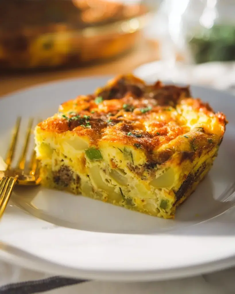 Delicious breakfast casserole made with eggs, cheese, and vegetables.
