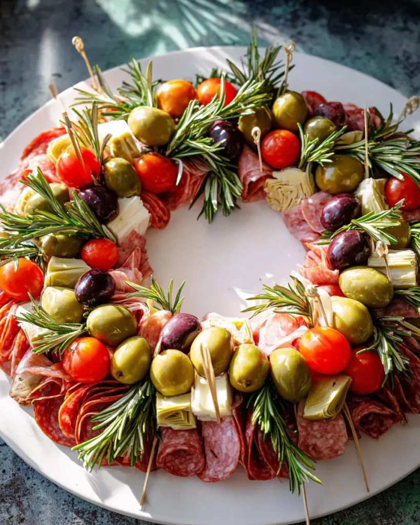 Beautiful charcuterie wreath made with meats, cheeses, and fresh herbs for a festive display.