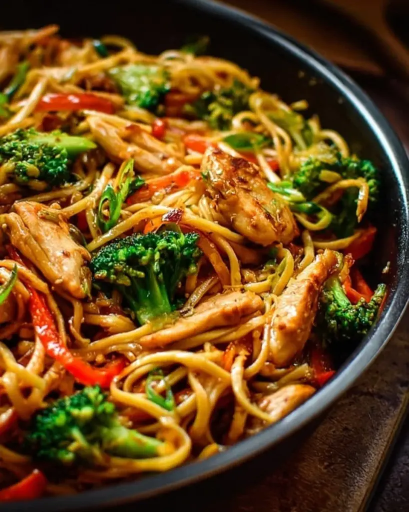 Delicious chicken stir fry noodles served in a bowl with fresh vegetables