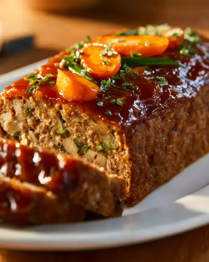 Chickpea vegan meatloaf served with a side of vegetables and sauce