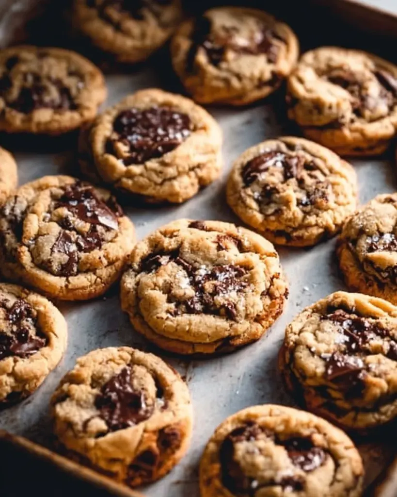 Chocolate chip cookies with flaky sea salt on a cooling rack