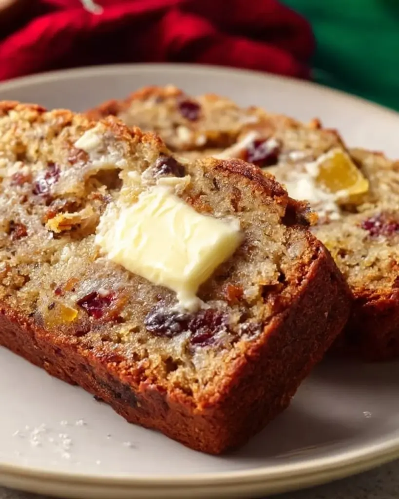 Loaf of Christmas banana bread with festive decorations on wooden table